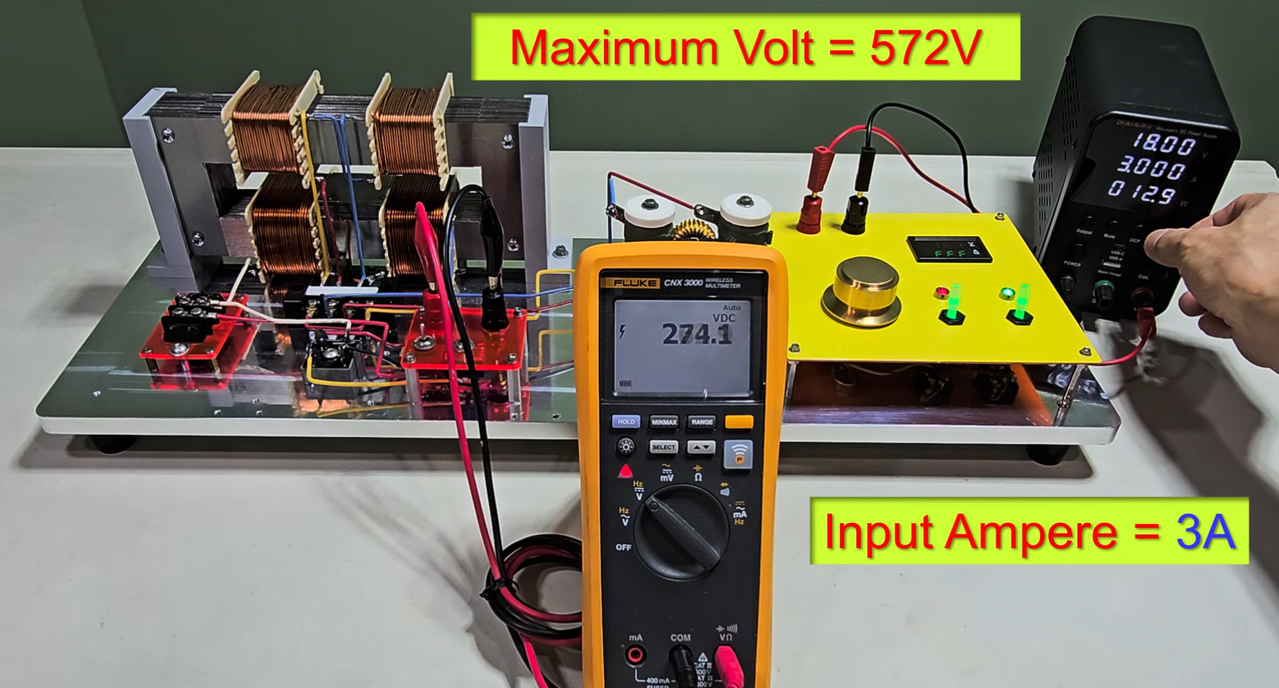 MEG Voltage Boost experiment: 572Volt at 92 Hz